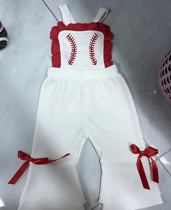 

1-5Y Toddler Girls Summer Flare Pants Overalls Baseball Embroidery Waffled Sleeveless Ruffled Bell Bottom Romper Jumpsuits