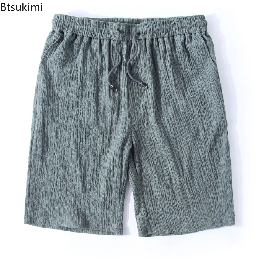 New 2025 Men's Summer Linen Casual Shorts Loose Solid Color Waist Tie Middle Pants for Men Cotton Linen Knee Length Pants Male