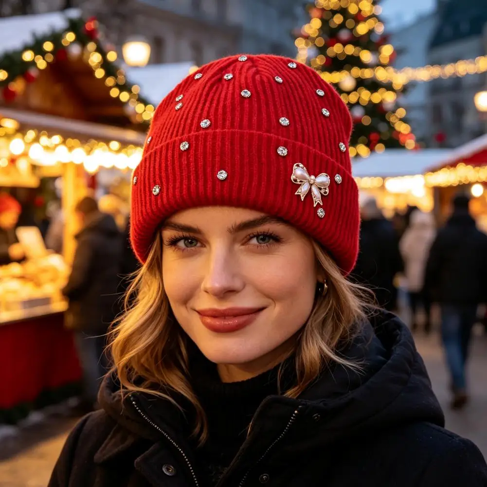 Sparkly Winter Knitted Hat, Women Rhinestone Knit Hat, Warm Stretch Cuffed Ribbed Skull Cap for Cold Weather Daily Wear