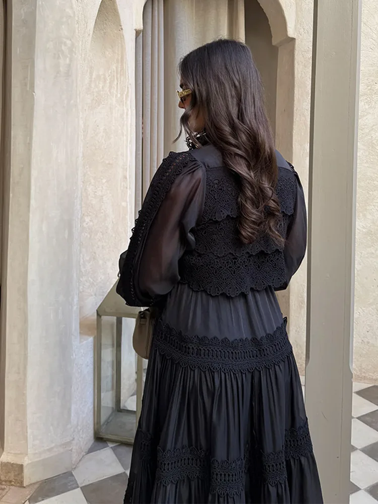 โคมไฟแขนยาว Hollow Out ดอกไม้ชุดยาวผู้หญิง Single Breasted Lace Up Patchwork เสื้อชุด Office Lady Vestido