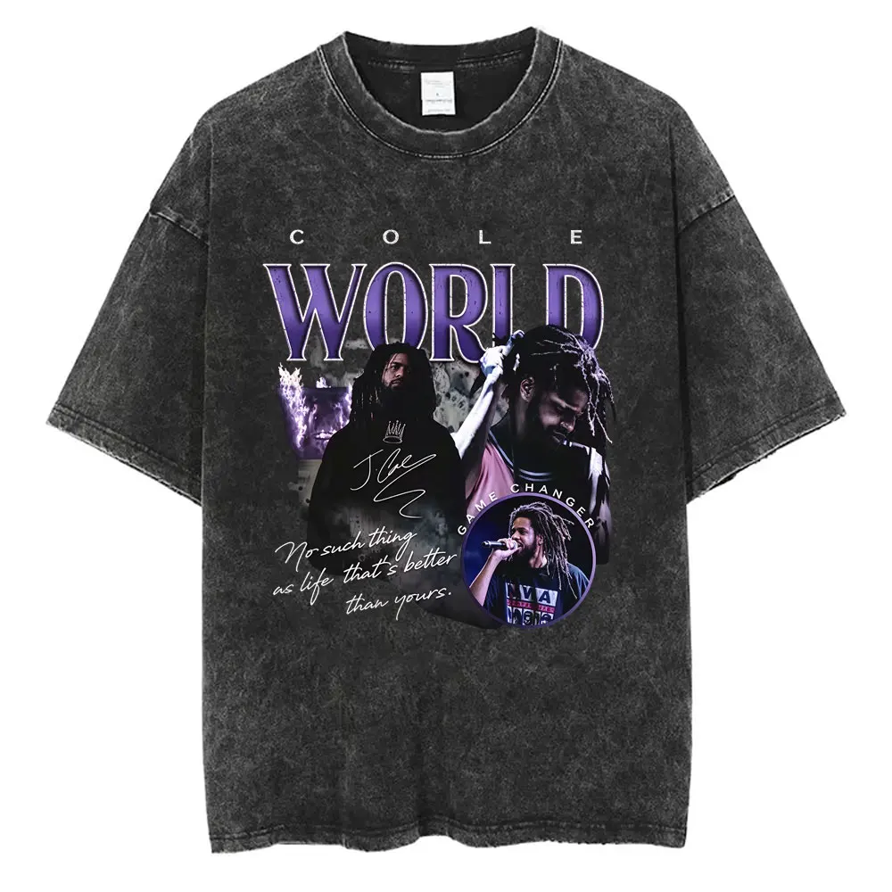 Rapper J.Cole The Fall Off World Tour 2026 Vintage Washed T-shirt Men's Women Hip Hop Gothic Oversized T Shirt Retro Streetwear