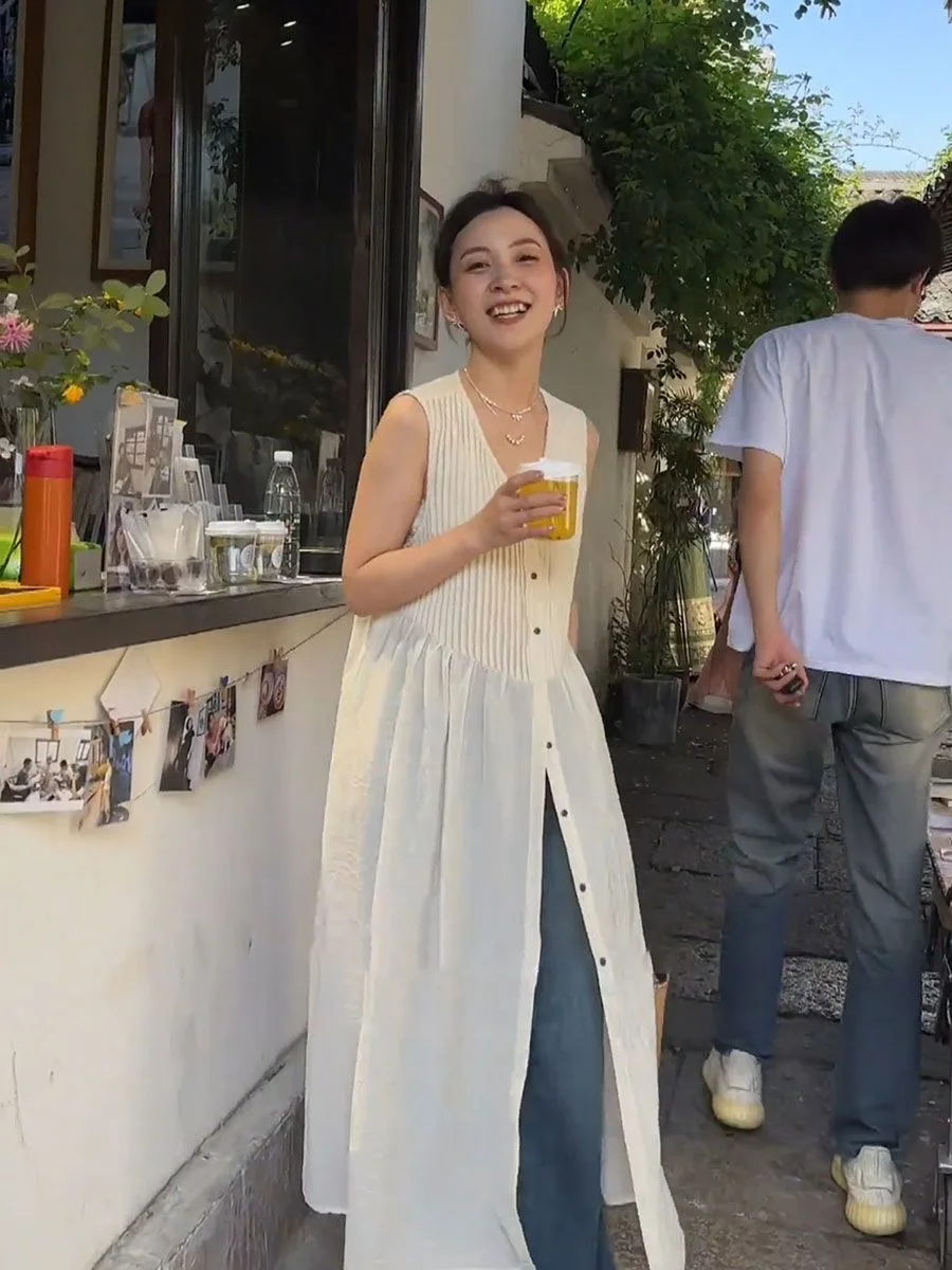 เสื้อกั๊กทรงหลวมพลีทยาวสไตล์เกาหลีสุดชิคสำหรับฤดูร้อนปี 2024  กระดุมผ่าหน้า ช่วยให้ดูผอมเพรียว เหมาะสำหรับใส่ไปทำงาน