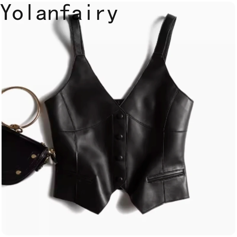 YOLANFAIRY Echtes Leder Weste für Frauen Kleidung Frühling Schaffell Hosenträger Mantel Dünne Kurze Oberbekleidung Damen Leder Jacke