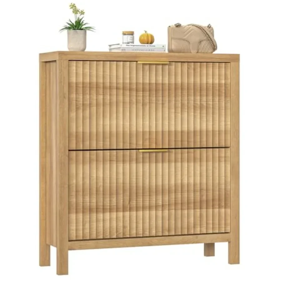 Fluted Shoe Cabinet Storage with 2 Flip Drawers for Entryway, Hallway MDF, White Space-Saving, Soft-Close Mechanism, Easy Assem