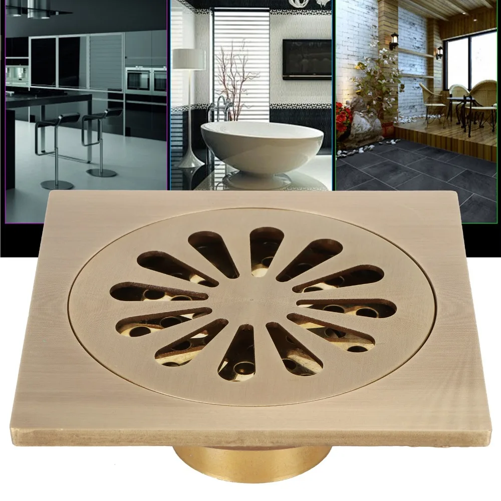 Antique Style Antique Shower Floor Drain Square Copper Shower Drain Anti-Clogging 10x10cm/3.94x3.94in Floor Drain Set Garage