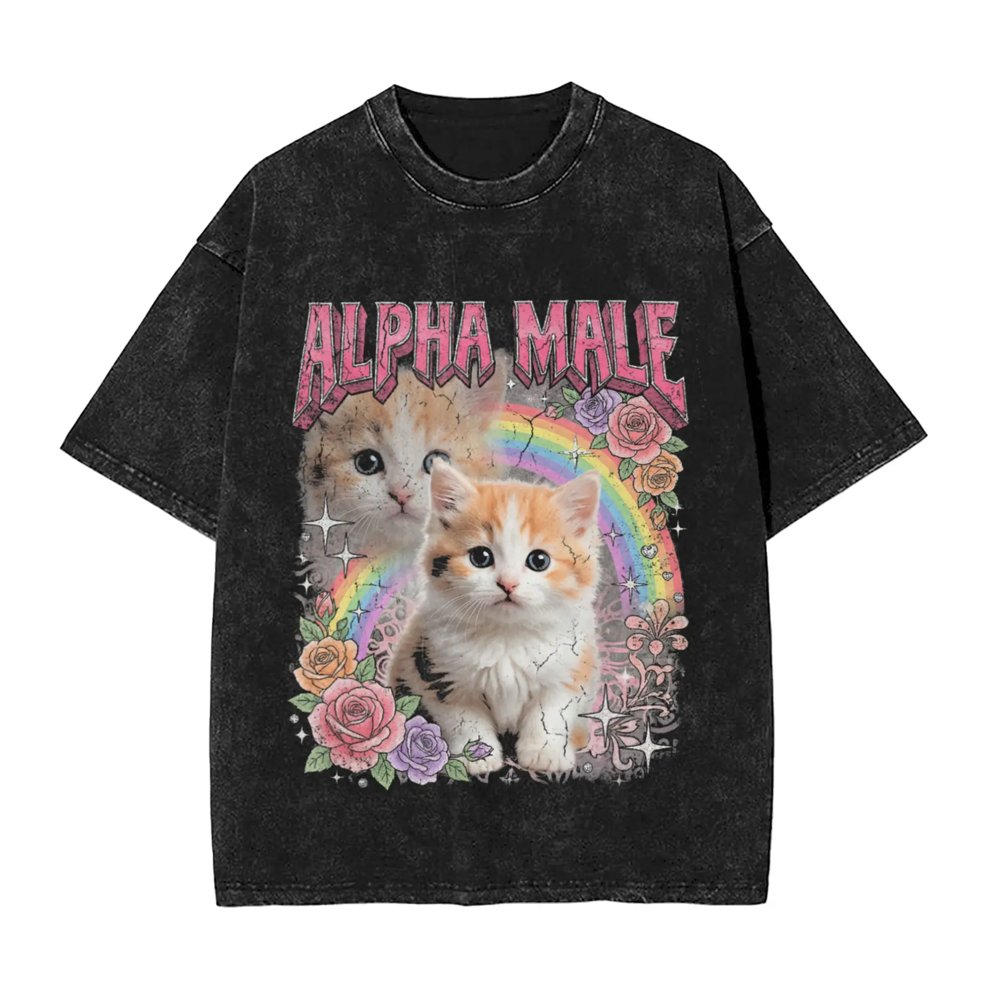Alpha Male  Funny Cat Rainbow Floral Meme Men T Shirts Washed  Novelty Tees Short Sleeve Crewneck T-Shirts Clothing