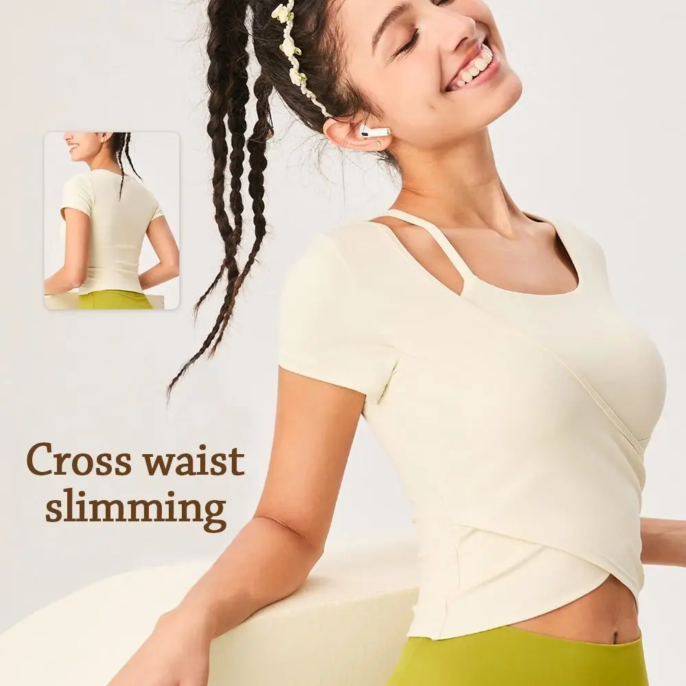 

Running with Sports Bra Yoga Shirt Cross-Wrap Short-Sleeve Sports Shirt Breathable Elastic Exercise Top Outdoor Sports