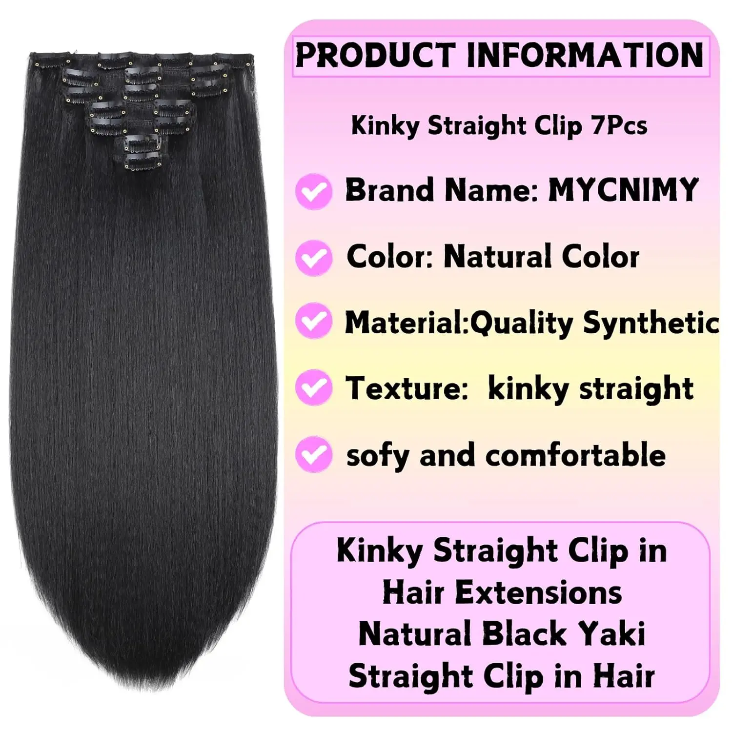 7 Pcs Yaki Straight Clip Ins with Lace Weft 14-26 Inch Natural Black Clip In Hair Extensions Black Women synthetic Hair