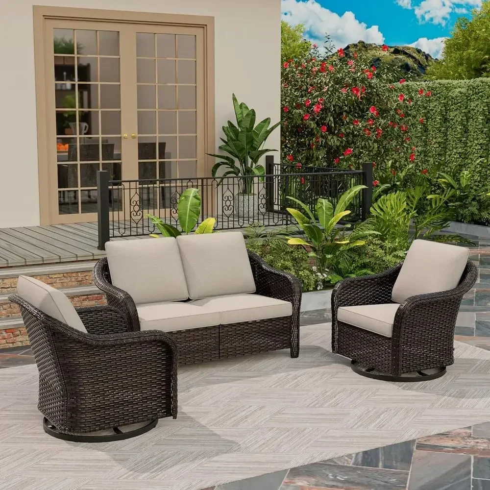 All-Weather Outdoor Wicker Loveseat Set with 2 Swivel Chairs, Perfect for Porch, Backyard, Balcony, Poolside, Beige