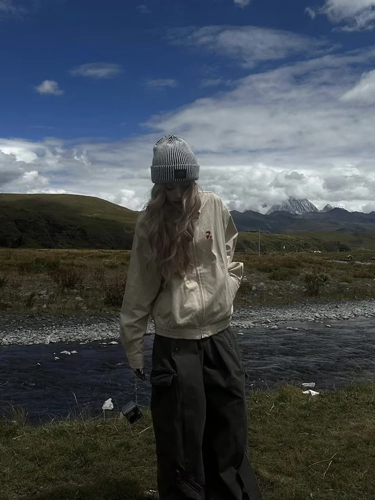 

Retro American Khaki irt Jaet Men's Spring Autumn Loose Zipper Collar Embroidery Design Casual Youth Polyester Fiber