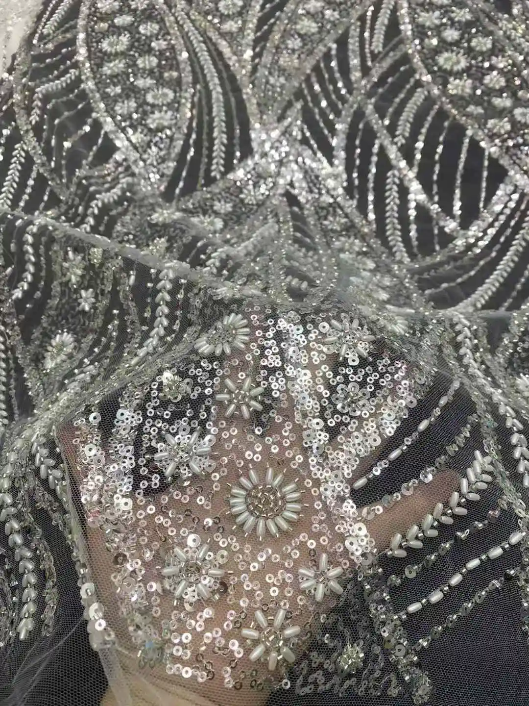 African Groom Lace Fabric 2024 Beaded Lace Fabric France Sequins Nigerian Embroidery Bridal Mesh Lace Fabric For Sewing