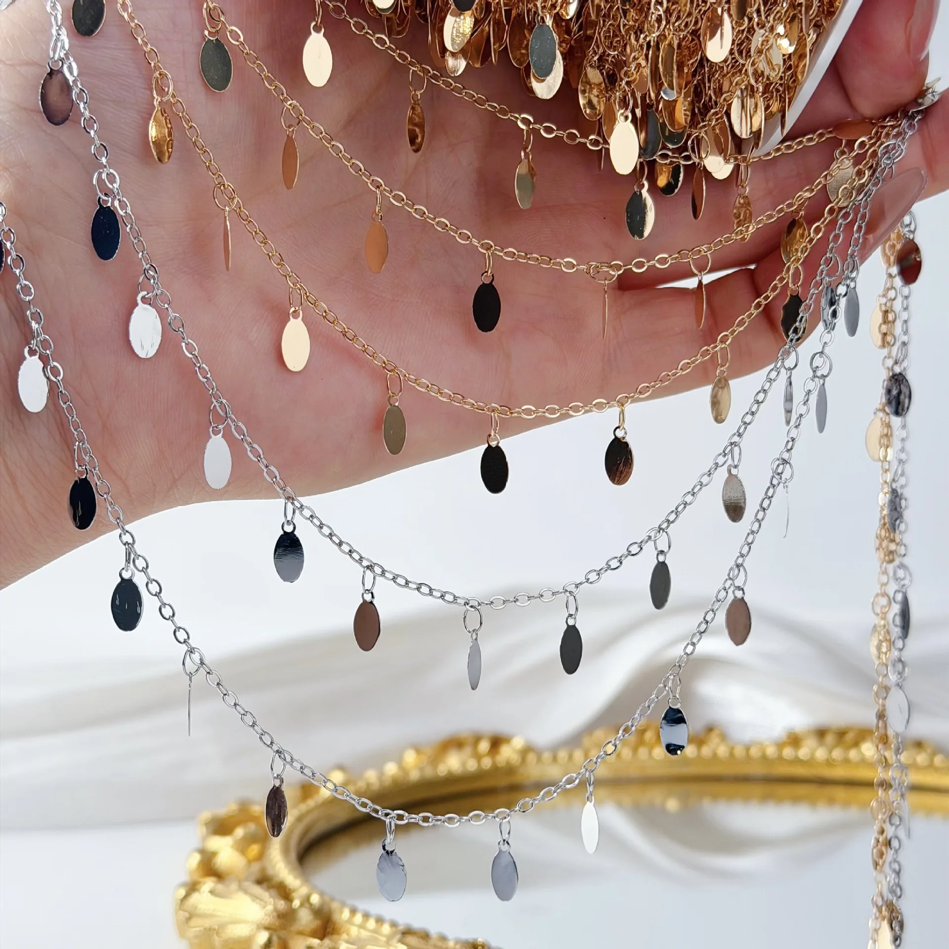 10Meters Gold Color Plated Oval Beads Sequins Link Chains for Diy Jewelry Making Accessories Necklace Tassel Extend Chain Copper