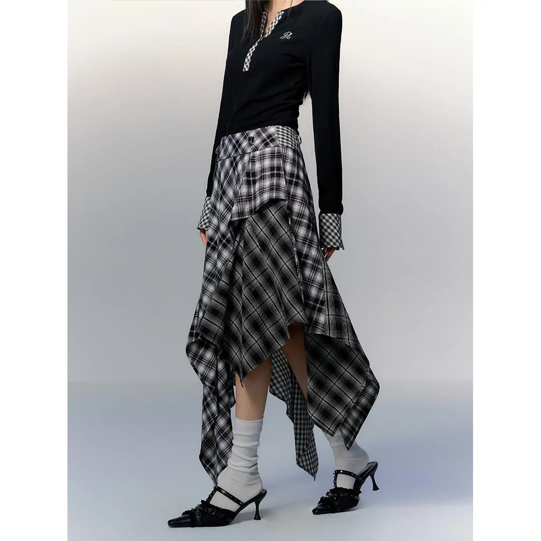 

Women Elegant High Waist Midi Long Skirt Fashion Casual Y2K High Street Skirt 565P Autumn New Lrregular Grid Patchwork Skirt