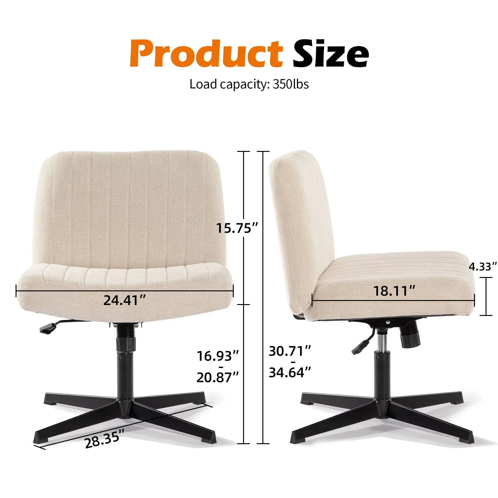 Office Chair Armless Desk Chair No Wheels, Fabric Padded Wide Seat Home Office Chairs, 115° Rocking Mid Back Cute Computer Chair