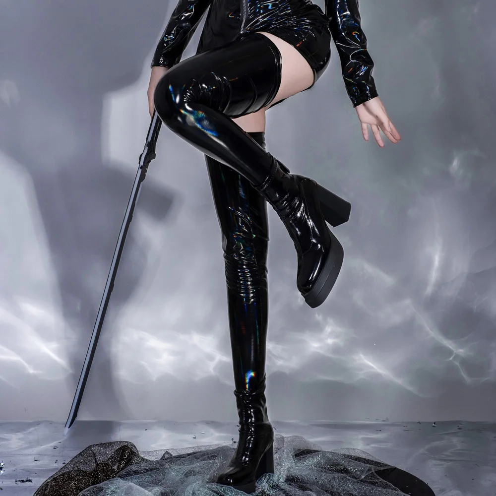 

AniLV Women Oil Shiny Illusory Bright Leather Over Knee Stockings Anime Game Fight Girl Thigh-Highs Socks Cosplay