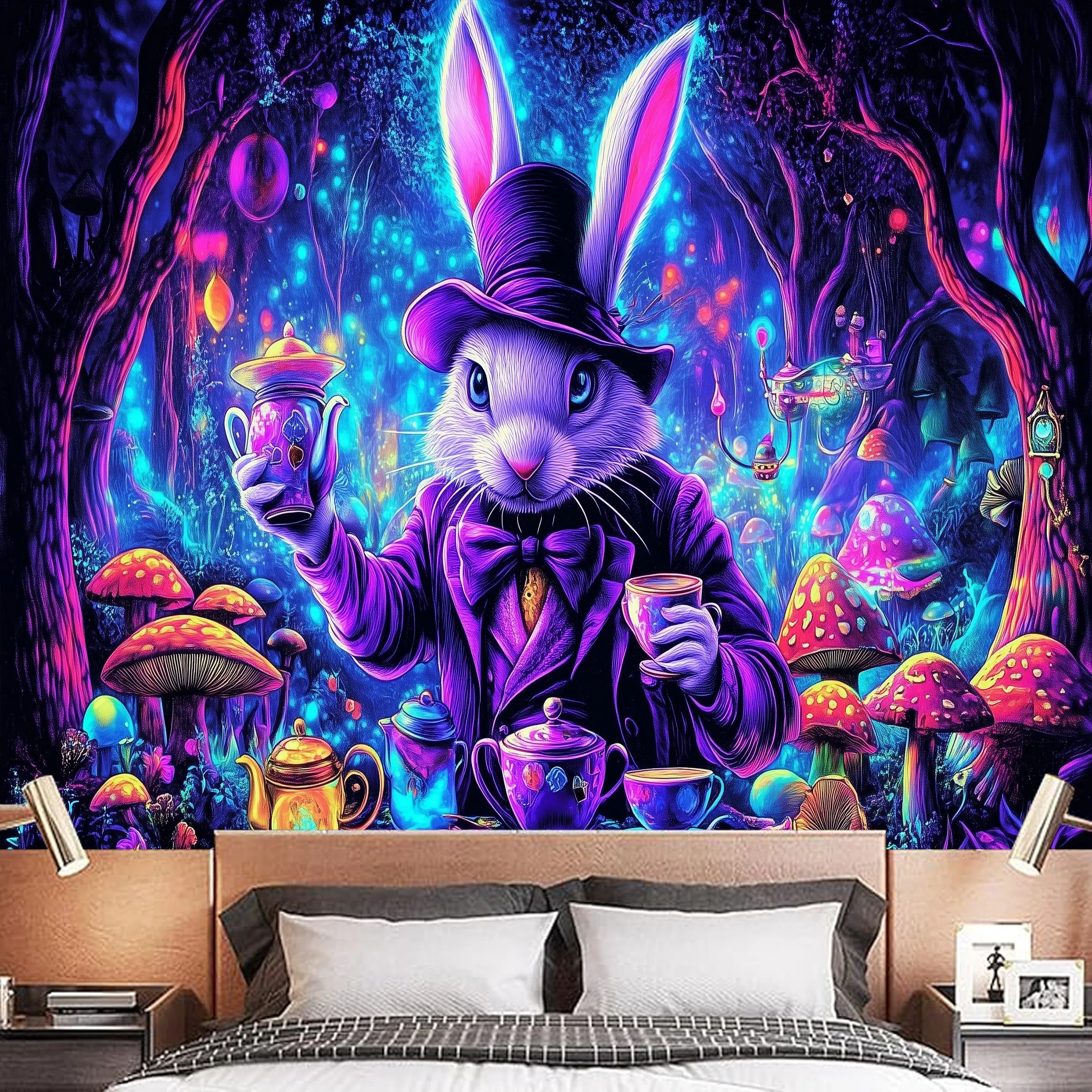 VIKAMA Fantasy White Rabbit Gentleman Alice In Wonderland Tapestry Bedroom Forest Mushroom Theme Background Wall Decoration