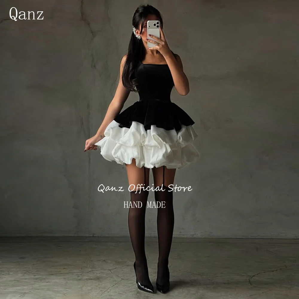 Qanz فستان حفلة موسيقية أسود مخملي أشرطة سباغيتي قصيرة على شكل حرف A فساتين عيد ميلاد فاخرة 2026 منتفخة فيستدوس دي فييستا مخصصة #1