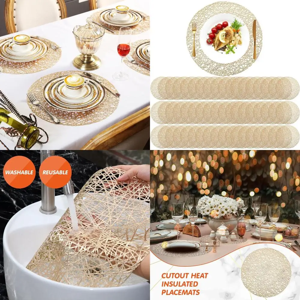 

15 Inch Gold Vinyl Placemats - Hollow Out, Heat Resistant for Festive Dinners, Parties & Weddings