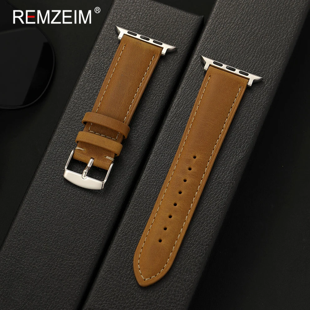 Men Crazy Horse Genuine Leather Watch Band for Apple Watch Series 1-11 Ultra SE 38-49mm Vintage Wrist Strap for iwatch