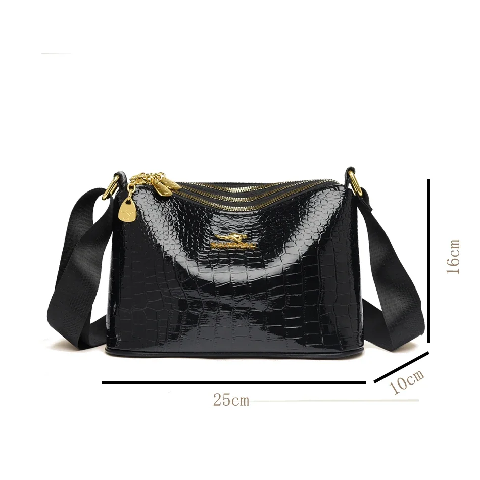 Luxury Crocodile Texture Women\'s Bag with Three-Layer Golden Zippers and Convenient Wide Shoulder Strap Kangaroo Bag