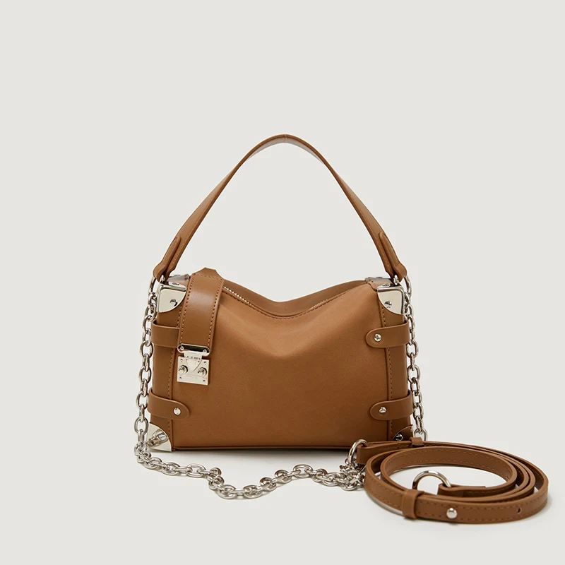 Soft Leather Double Chain Bag Textured Large Capacity High Quality Button Nail Square Fashion Khaki Women Shoulder Crossbody