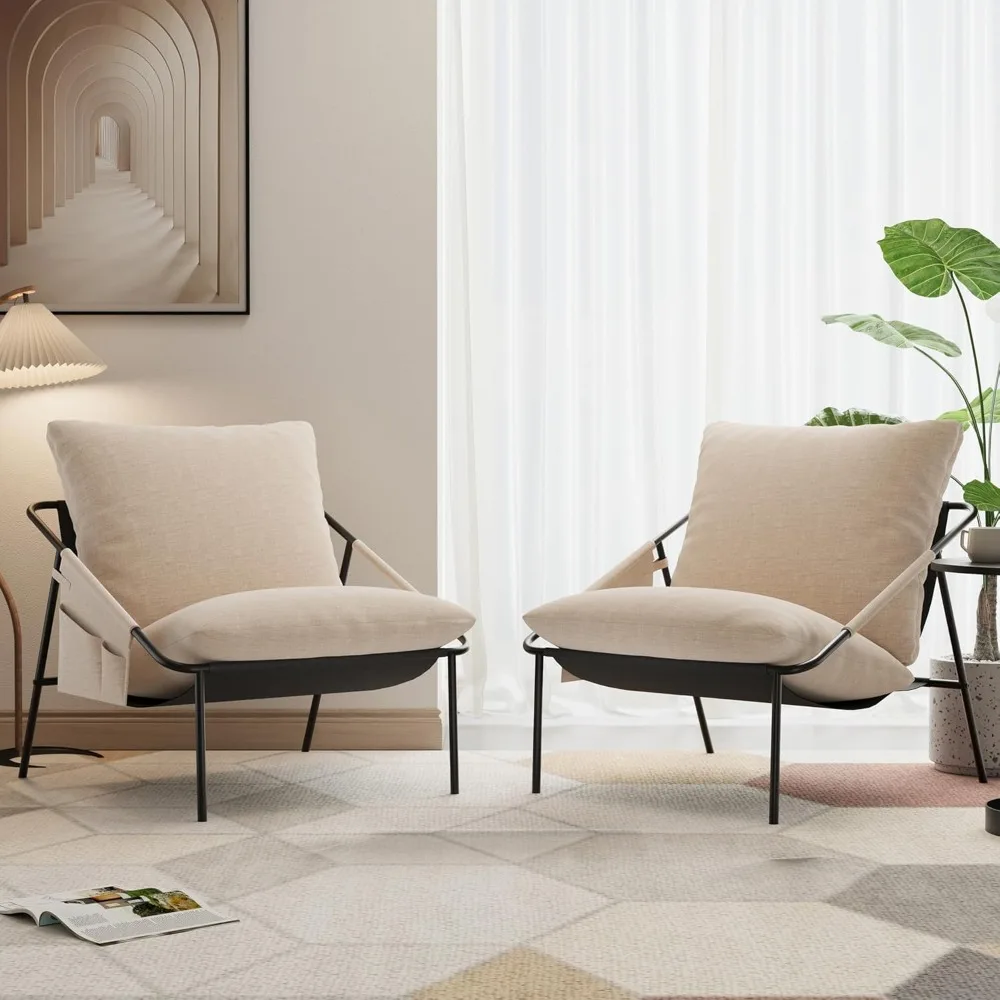 

Cozy Soft Living Room Chairs, Modern Metal Frame Reading Chair with Pockets Back Pillow