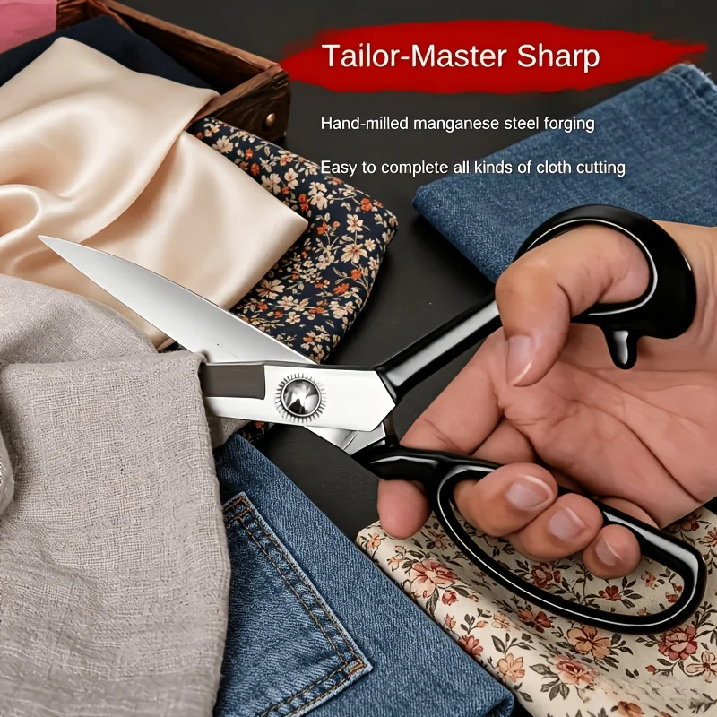 Black Handle Carbon Steel Tailor Scissors Heavy Duty Sharp Shears Ergonomic Handle for Fabric Leather Sewing Craft Home Office