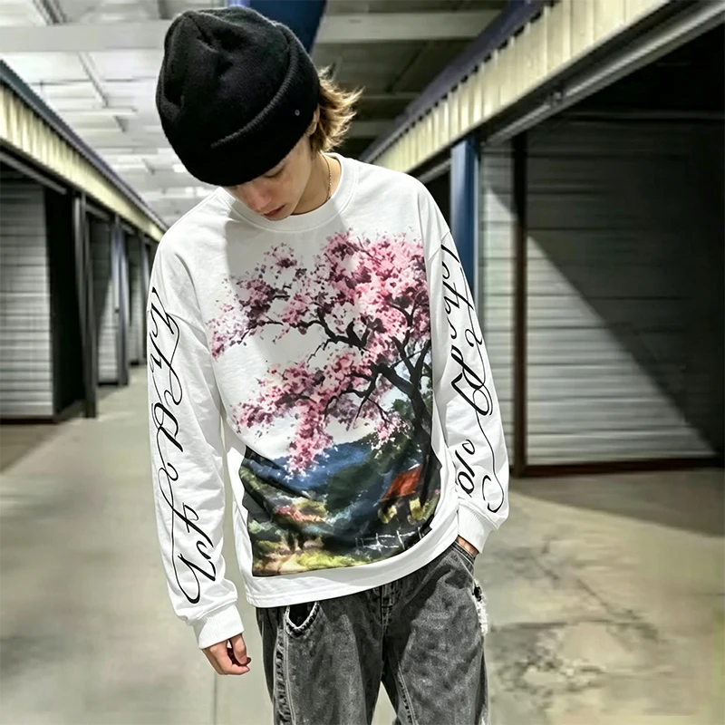 Vintage Y2K Graphic Long Sleeve Top for Women Sakura Scenery Oil‑Painting Print Cursive Script Sleeve Casual Aesthetic T‑Shirt
