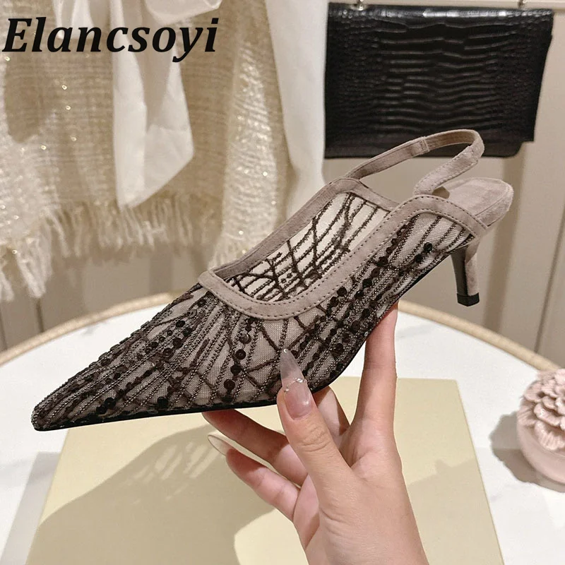 Sharp pointed backless mid heeled sandals fashionable solid color office flat commuting shoes lightweight women's slippers