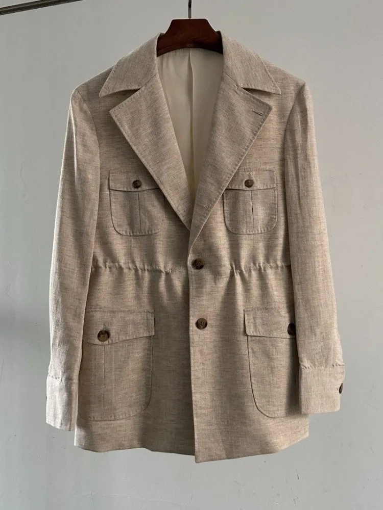Vintage Mens Linen Jacket High Quality Single Breasted Multi Pockets Outwear Coat Spring Summer Business Man Casual Work Jacket