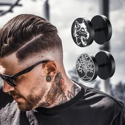 Street Hip Hop Rock Wolf Tree of Life Stud Earings for Men, Stainless Steel Screw Dumbbell Earrings