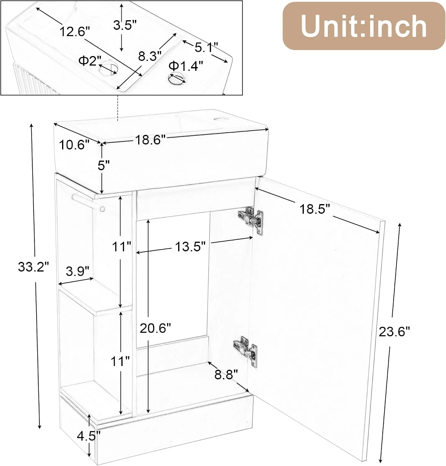 18 Inch Modern Bathroom Vanity With Sink Bathroom Storage Cabinet Top Surface Frame Wooden Shelf Toilet Paper Holder Organizer Restroom Furniture For Small Space Studio, Wood Color - view 2