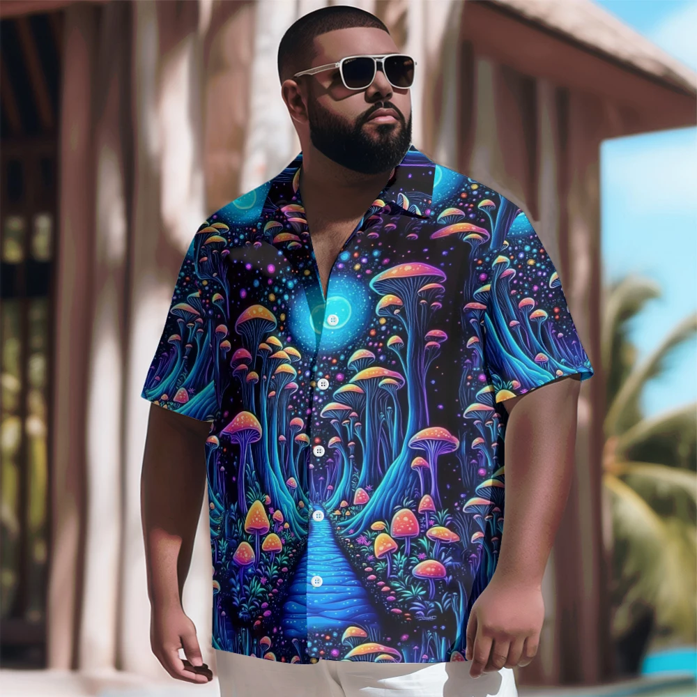 

New Hawaiian Shirt Men Goth Men FluorescentBlue Mushroom Forest Printed Casual Short Sleeve Tops Vintage Plus Size Summer Shirts