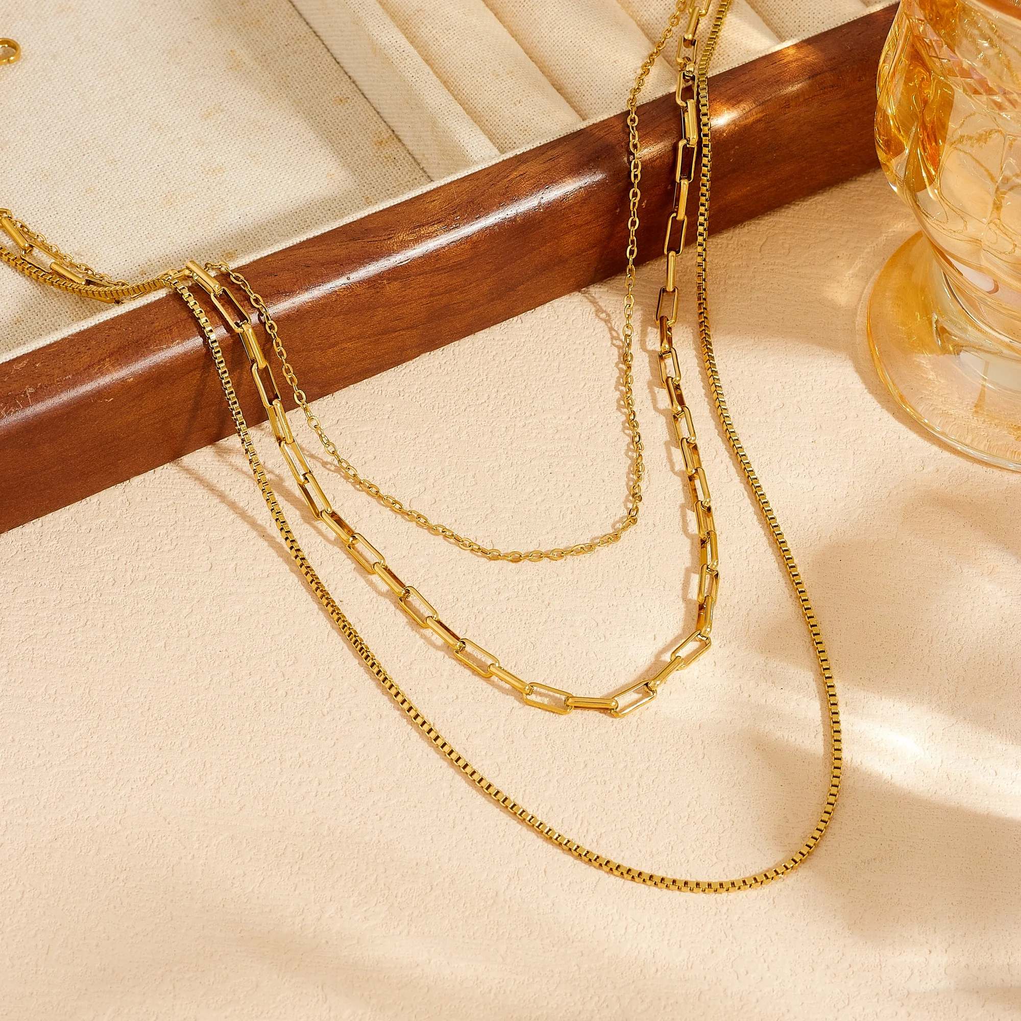Golden Multi Layer Necklace for Women 3 Tier Paperclip Box Cable Chain Stackable Choker Necklaces Fashion Party Jewelry