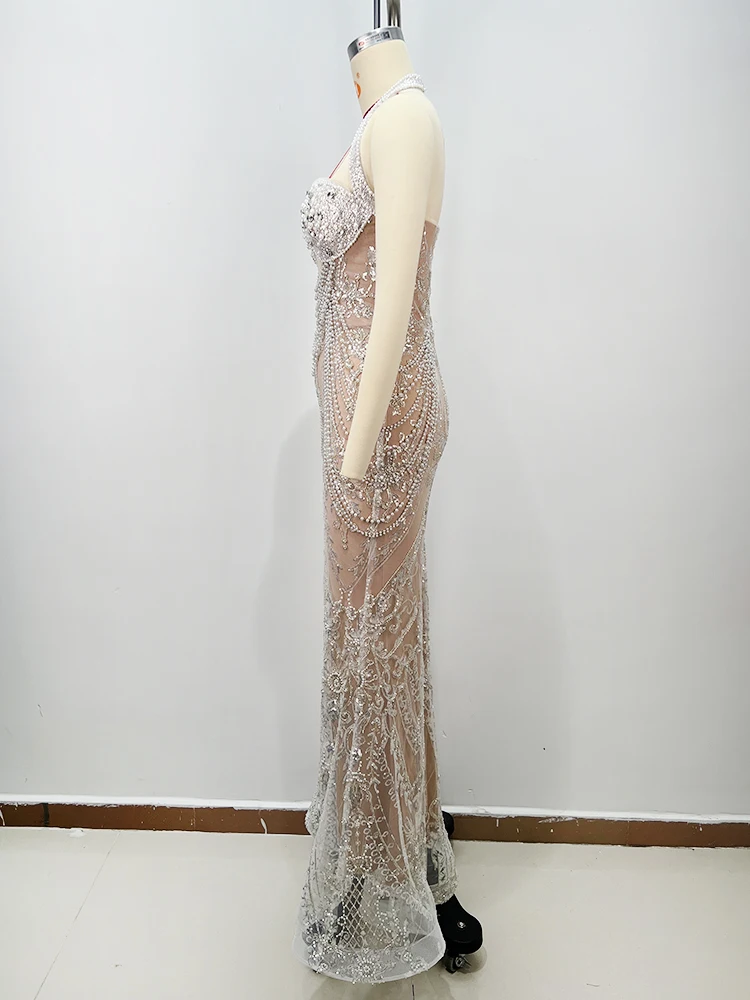 VC Opulent Crystal Beaded Sheer Mesh Halter Backless Mermaid Dress for Fashion Galas Evening Gown