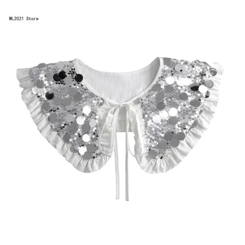 Glittering Sequins Decorative False Collar Capelet for Women Elegant Pleated Ruffle Trim Shawl Wrap for Wedding Dress