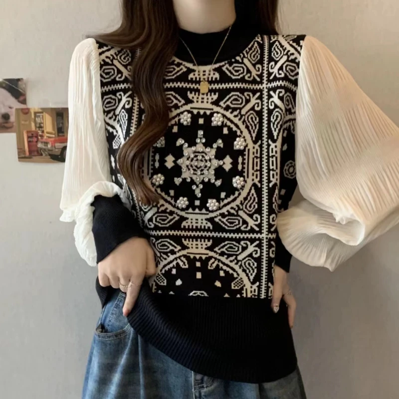 Spring Autumn New Round Neck Long Sleeve Sweater Women High Street Printing Knitting Pullovers Elegant Embroidered Flares Tops