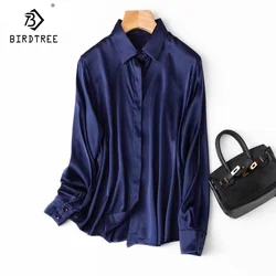 Birdtree, 19MM 93%Real Silk 7%Spandex, Woman Solid Shirts, Long Sleeves Chic Blouses, Spring Autumn Office Lady Tops T49232QM