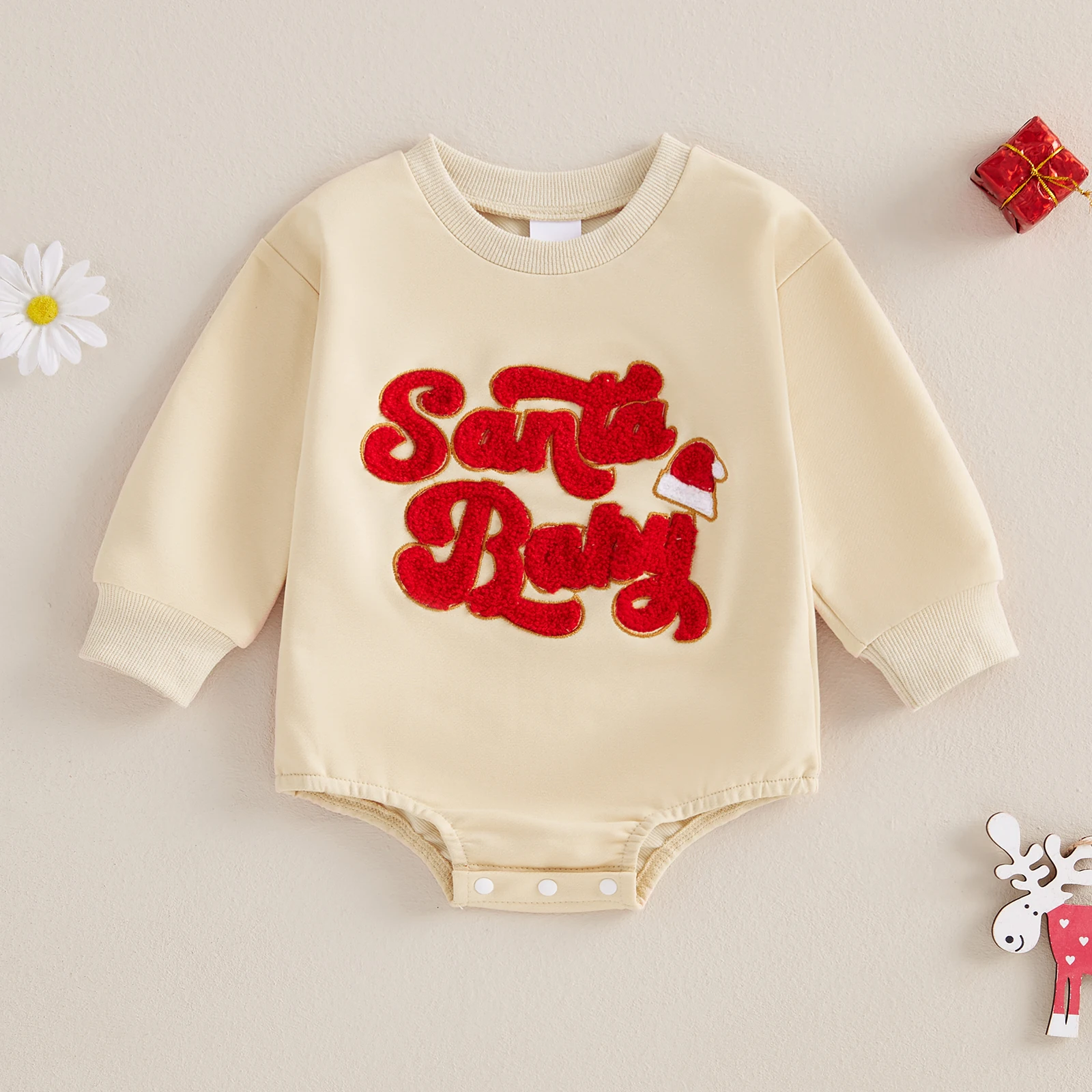 Baby Boys Girls Christmas Romper Long Sleeve Crew Neck Santa Hat Embroidery Bodysuit Newborn Playsuit Xmas Costume