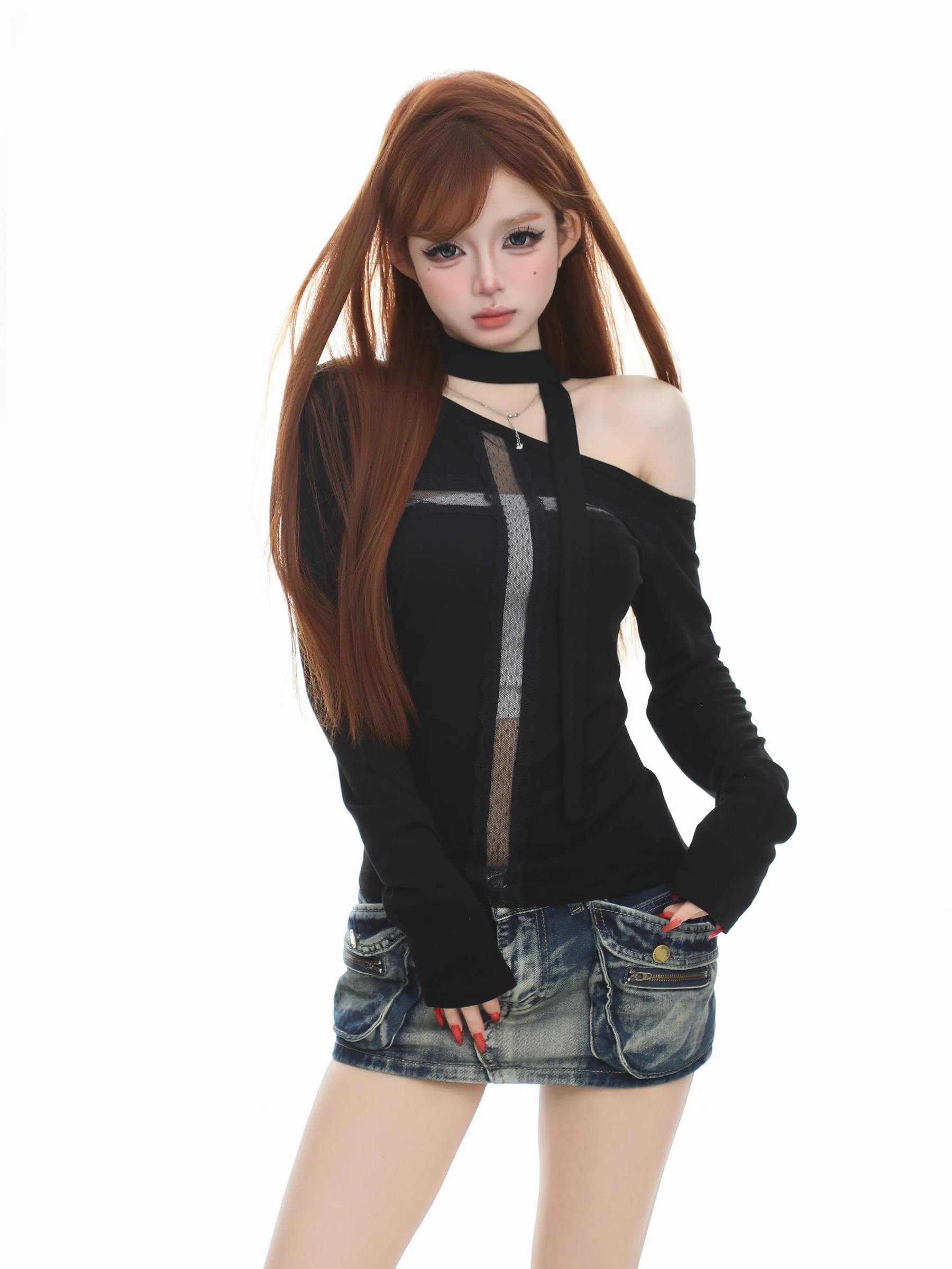 Basterds Pure Desire Cross Hollow Shoulder Long Sleeve T-Shirt Women's Spring Design Sexy Shoulder Exposure Top Cotton Spande...