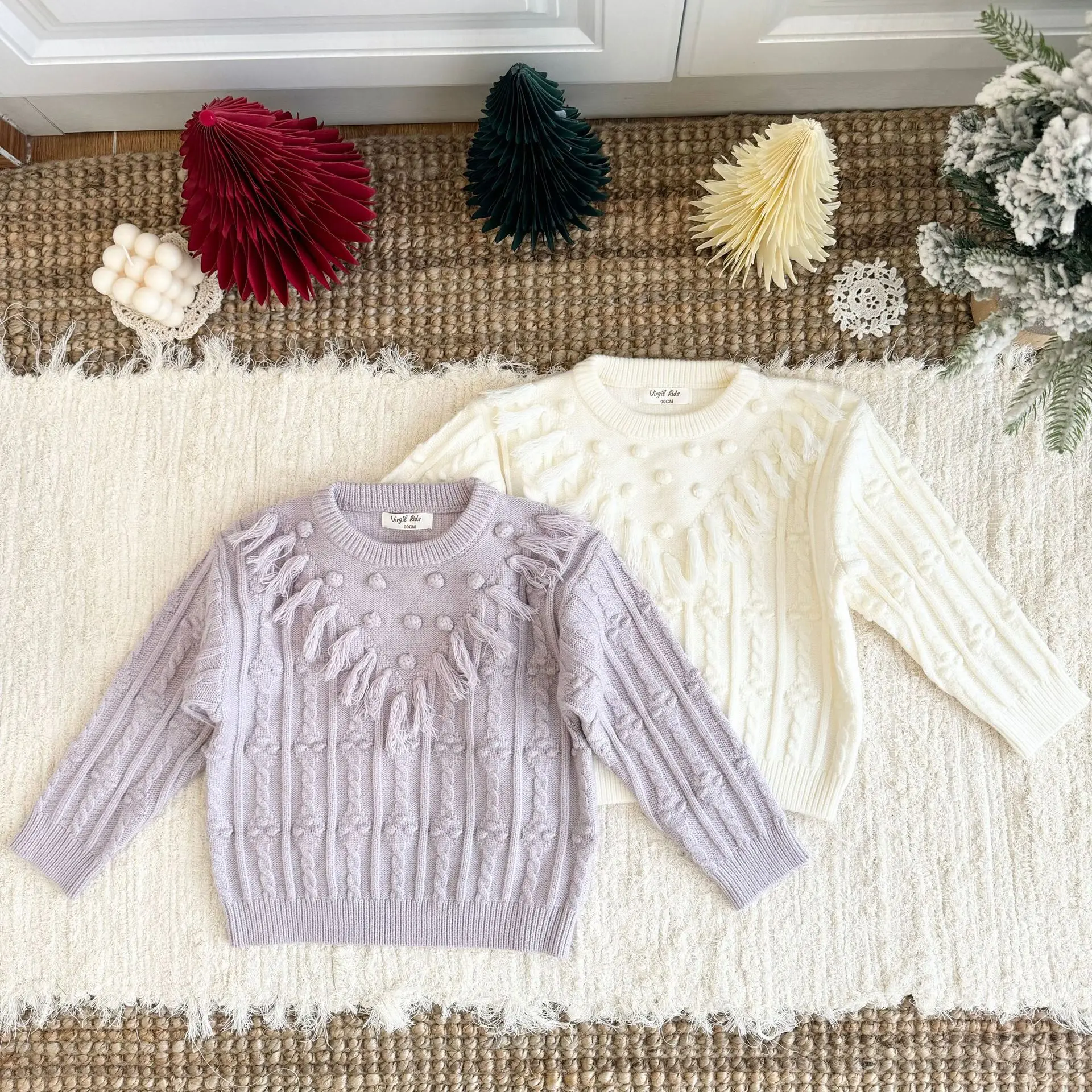 2026 Fall Winter New Korean Girls Sweater Baby Girl Solid Stylish New Fashion Pom Pom Cute Handmade Sweater