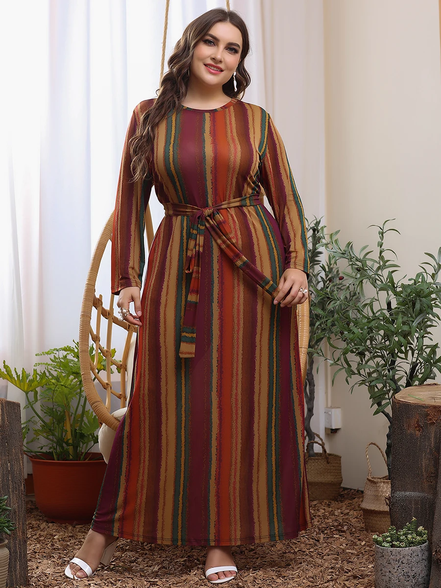 2024 Autumn Winter Long Sleeve Dress Woman Striped Print Loose Oversized Maxi Long Dress Plus Size Women Clothing