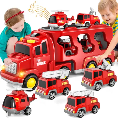Camions de pompiers 5 en 1, jouets pour tout-petits pour garçons de 1 à 5 ans, camion de pompiers porte-rouge avec lumière et son, Mini hélicoptère, ensembles de voitures de grue