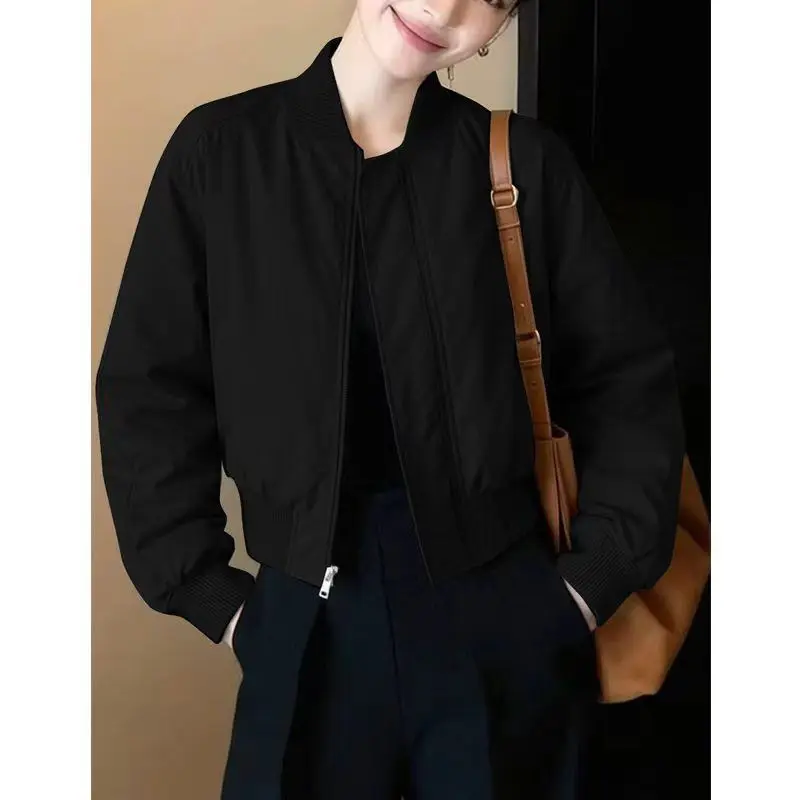 Women's Minimalist Casual Zip Up Baseball Bomber Jacket Cropped Long Sleeve 2026 Autumn Commute Workwear Slim Fit Bright Color view 5