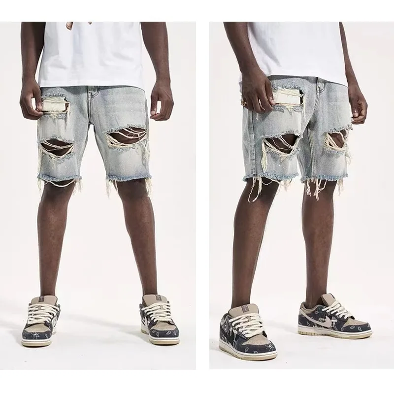 Mens Denim Shorts Button Zipper Fly Multi Pockets Straight Fit Ripped Holes Knee Length Distressed Summer Casual Jeans Shorts