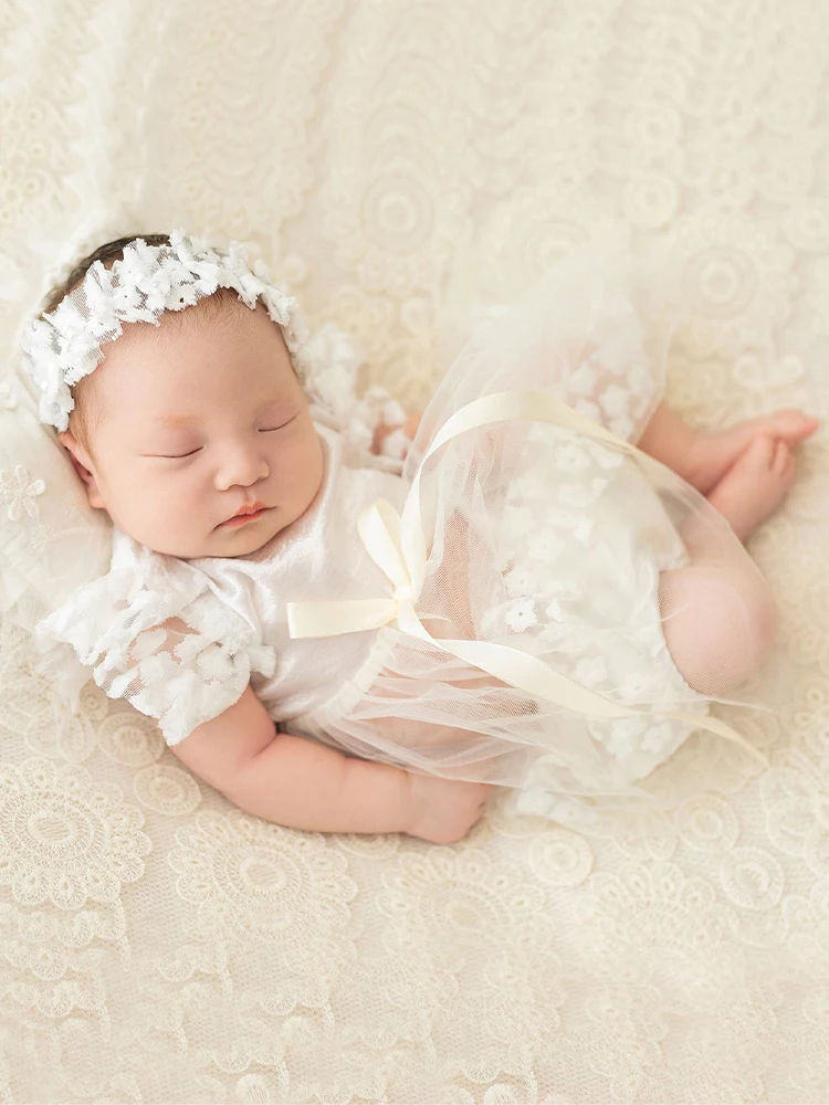 Ylsted Newborn Ribbon Bow Mesh Dress with Headband Lace Dresses Newborn Girl Photography Outfits Infant Photo Props Picture Idea