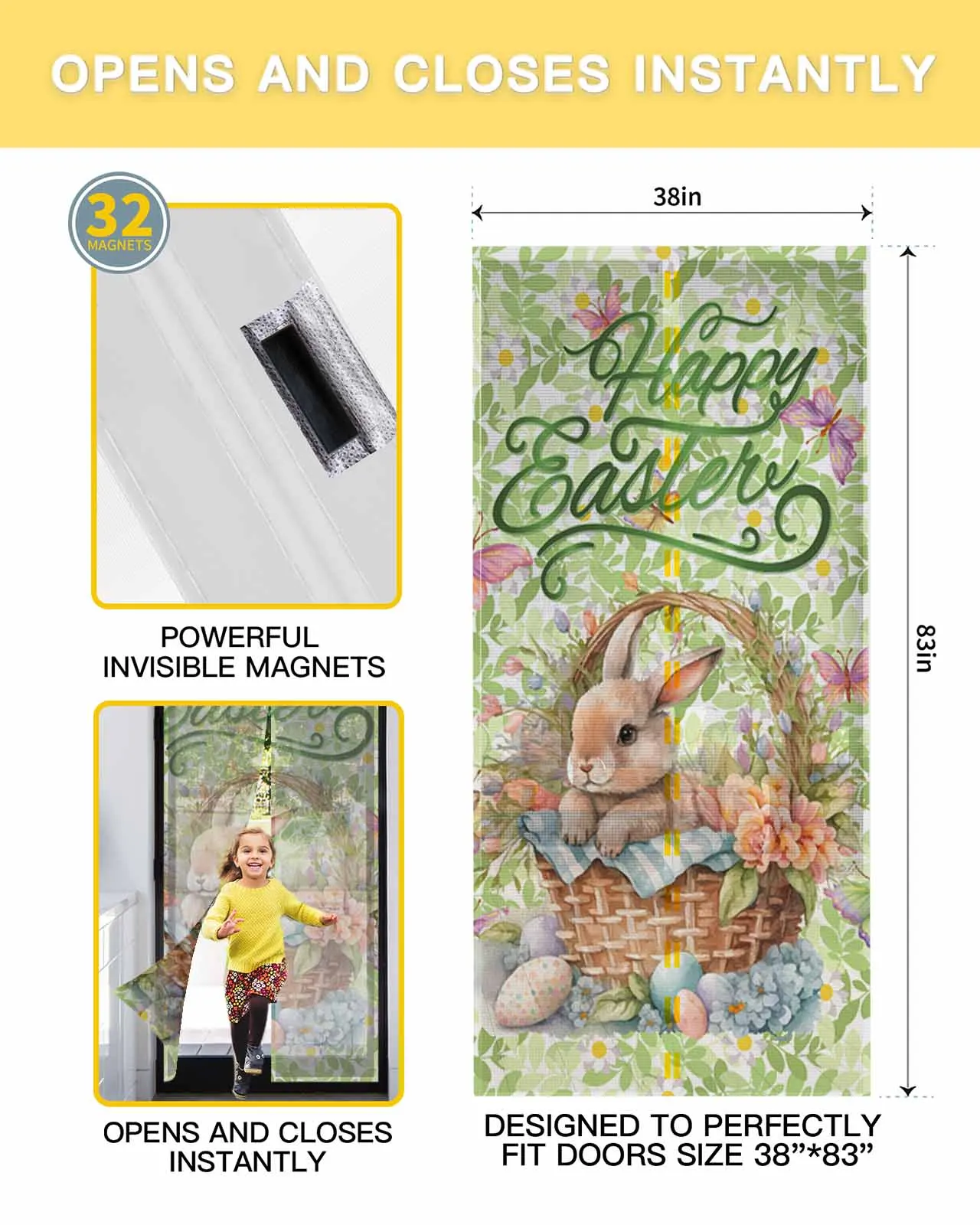 Easter Bunny Flowers Butterfly Summer Magnetic Door Curtain Living Room Bedroom Home Anti-mosquito Screen Door Curtain