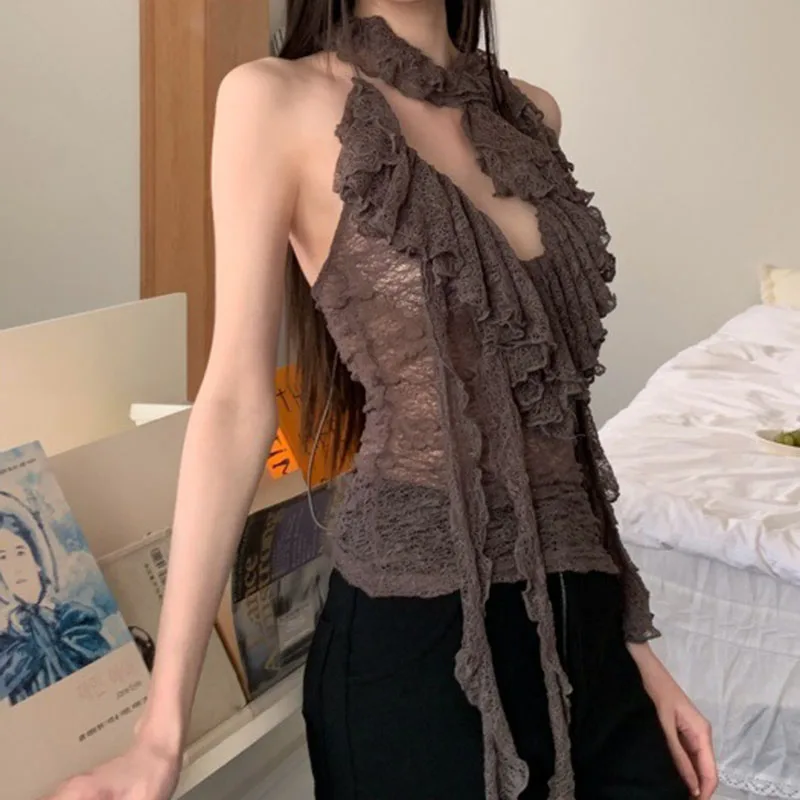 Women Camisoles Halter Lace Edge Splicing Slightly Transparent Solid Color Simple Elastic Versatile Short Style Strapless Top