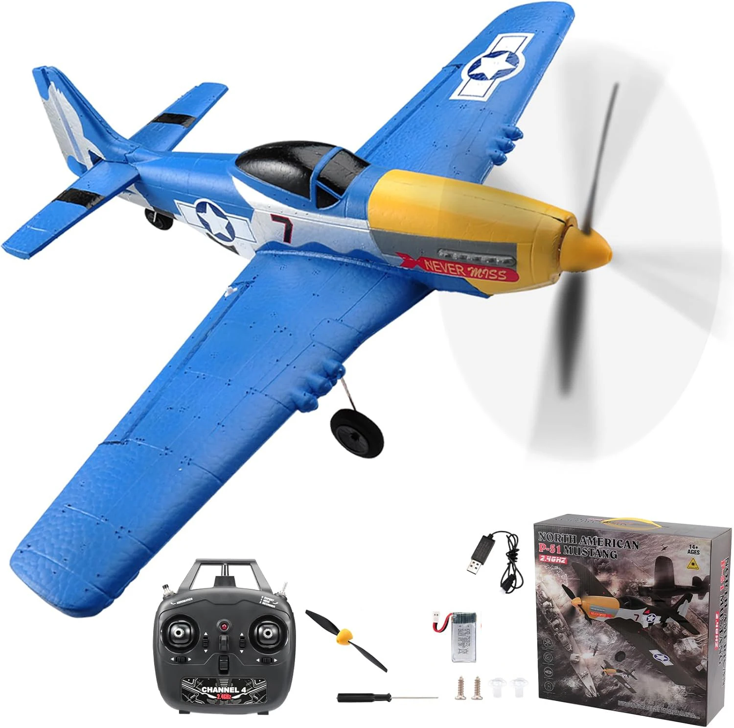 

P51 Mustang RC Plane 2.4G 4CH 6 Axis EPP Foam 410MM Fixed Wingspan One Key Aerobatic RC Fighters Glider Toys Gifts