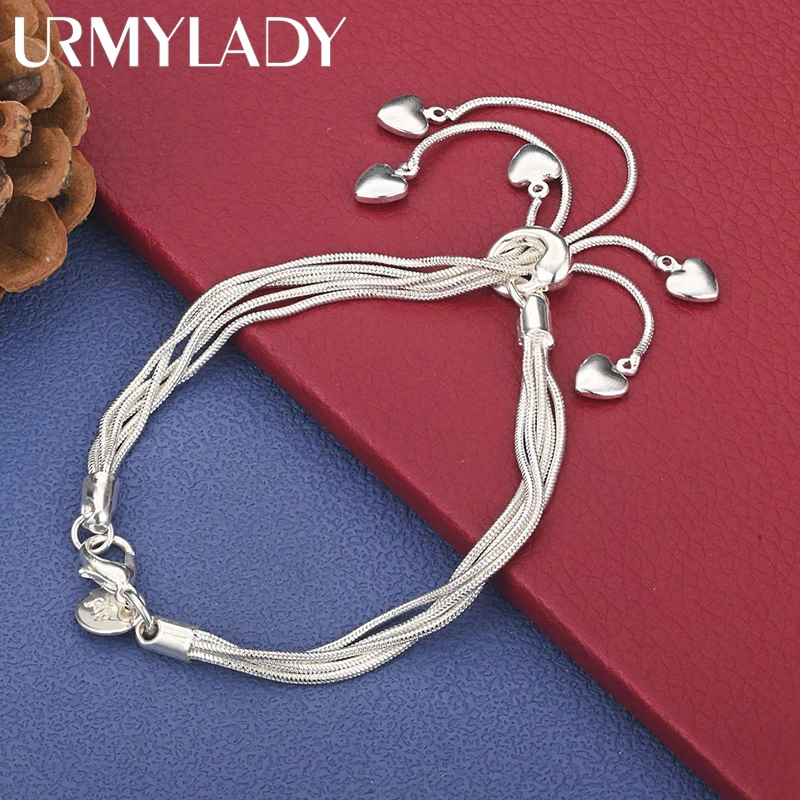 

URMYLADY Hot Top 925 Sterling Silver Heart Five Snake Chain Bracelet For Women Wedding Party High Quality Gift Fashion Jewelry